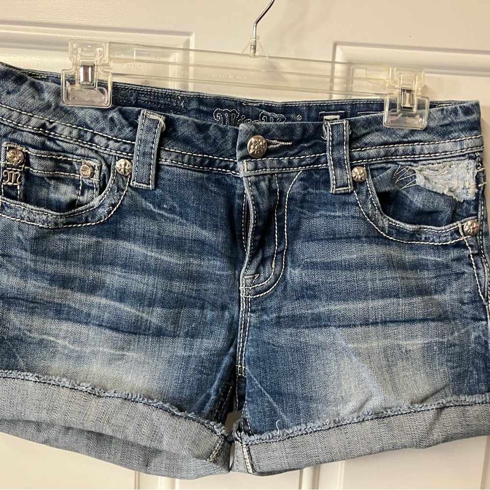 Miss Me Blue Jean Shorts with Distressed Details